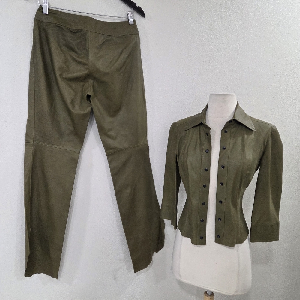 Rare Plein Sud Leather Olive Green  Button-Up Pant Set - Picture 3 of 16